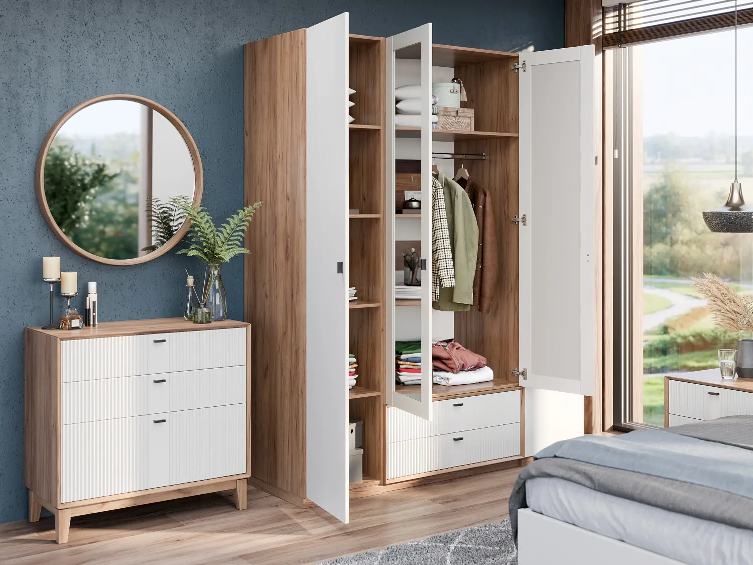 Комплект мебели в гостиную Бари композиция №1 (Дуб Золотой/Белый) ЛД