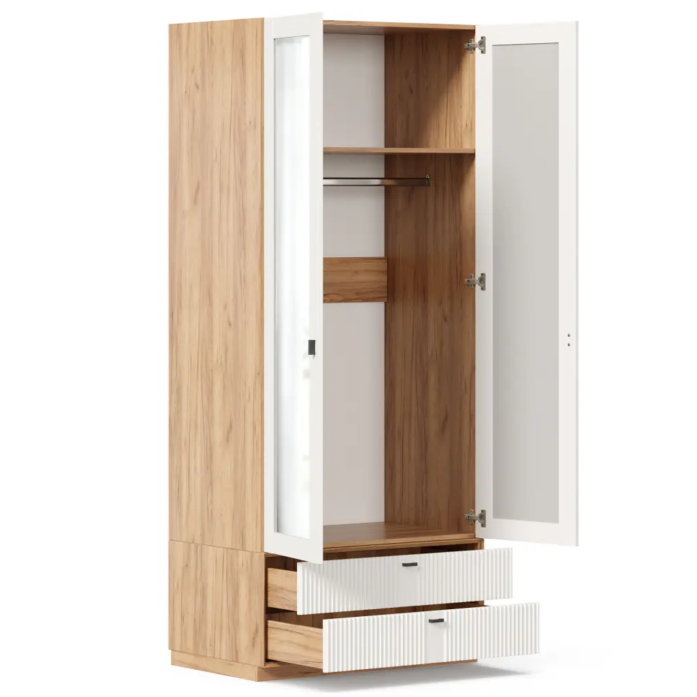 Шкаф двухстворчатый с зеркалом Бари (Дуб Золотой/Белый) ЛД | Интернет магазин Масса Мебель