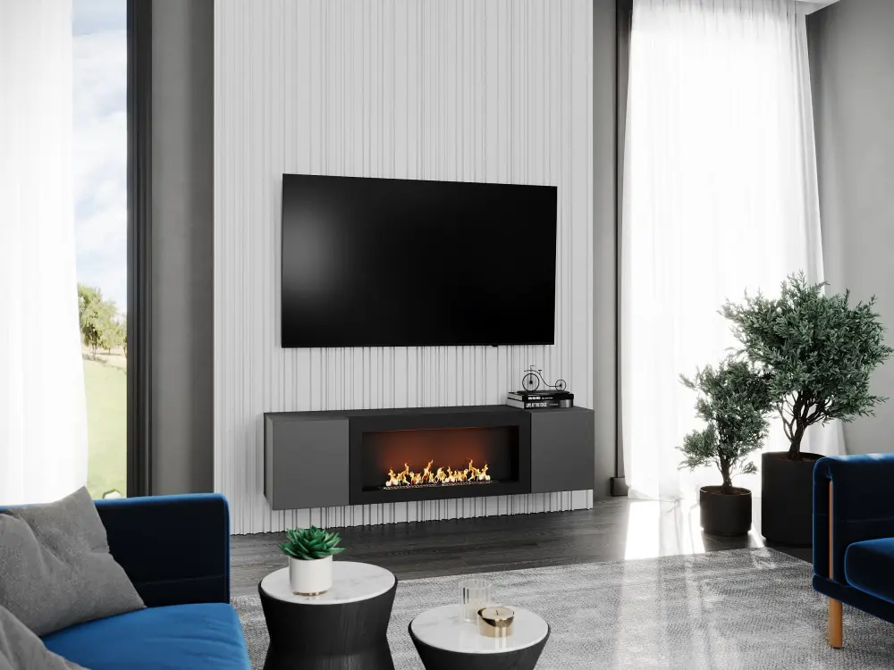 Тумба ТВ навесная с биокамином Point Т-28 Серый Графит (NK) | Интернет магазин Масса Мебель