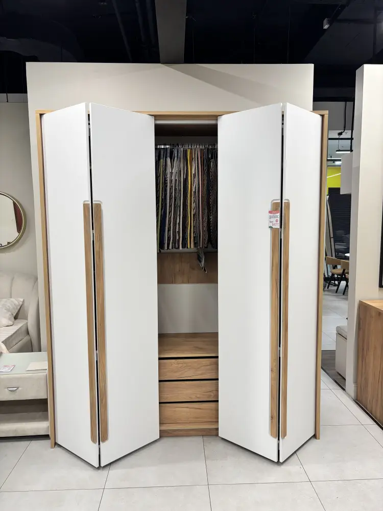 Шкаф четырехстворчатый  "Гармошка" Соренто Дуб Краф золотой/Сатин белый (EM) | Интернет магазин Масса Мебель