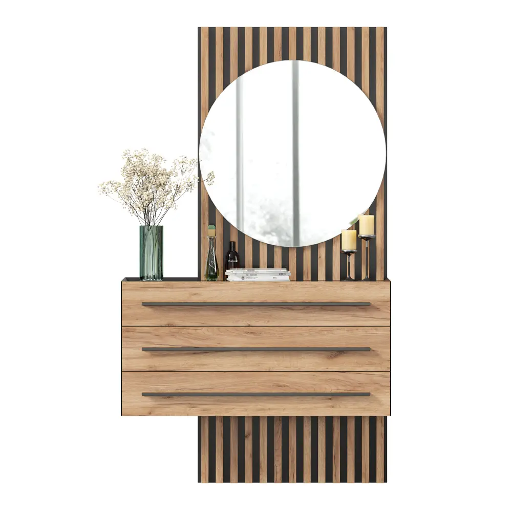 Тумба с зеркалом левая Неаполь (Черный/Дуб Золотой) ЛД | Интернет магазин Масса Мебель