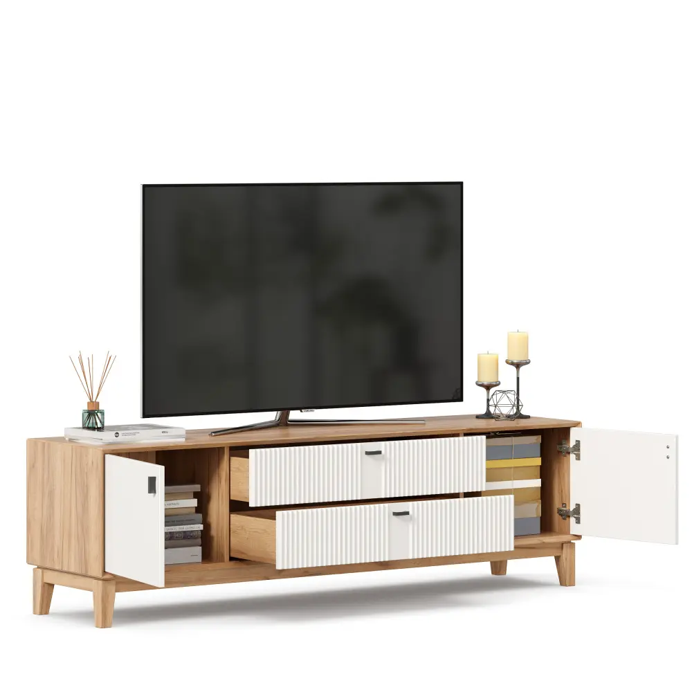 Тумба под ТВ 1800 Бари (Дуб Золотой/Белый) | Интернет магазин Масса Мебель