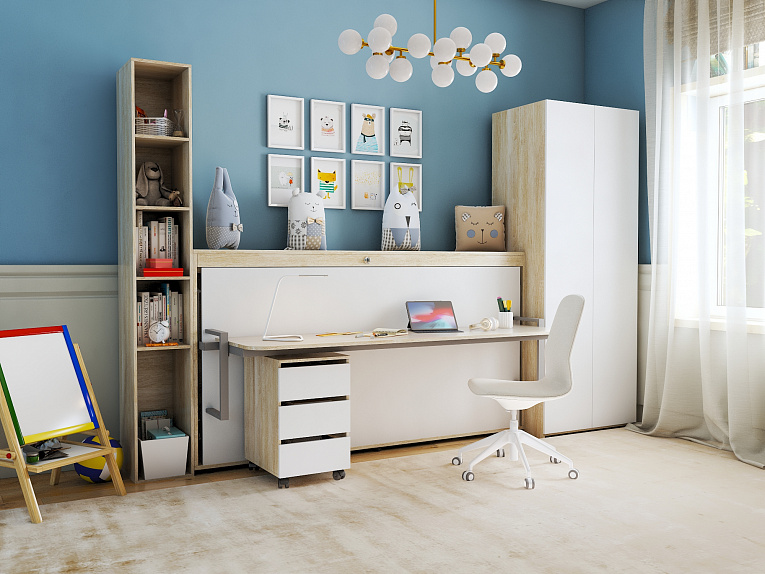 Детская мебель-трансформер с кроватью-столом и двумя шкафами дуб сонома / белый