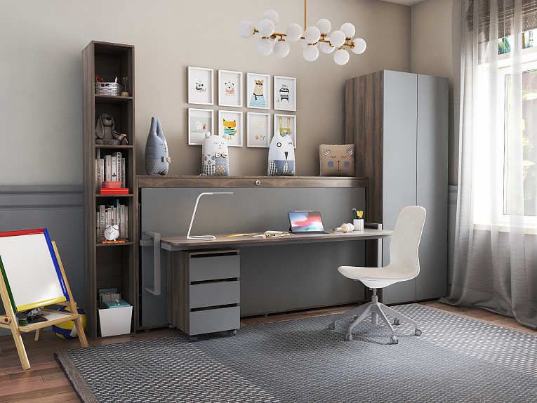 Детская мебель-трансформер с кроватью-столом и двумя шкафами ясень анкор темный / темно-серый