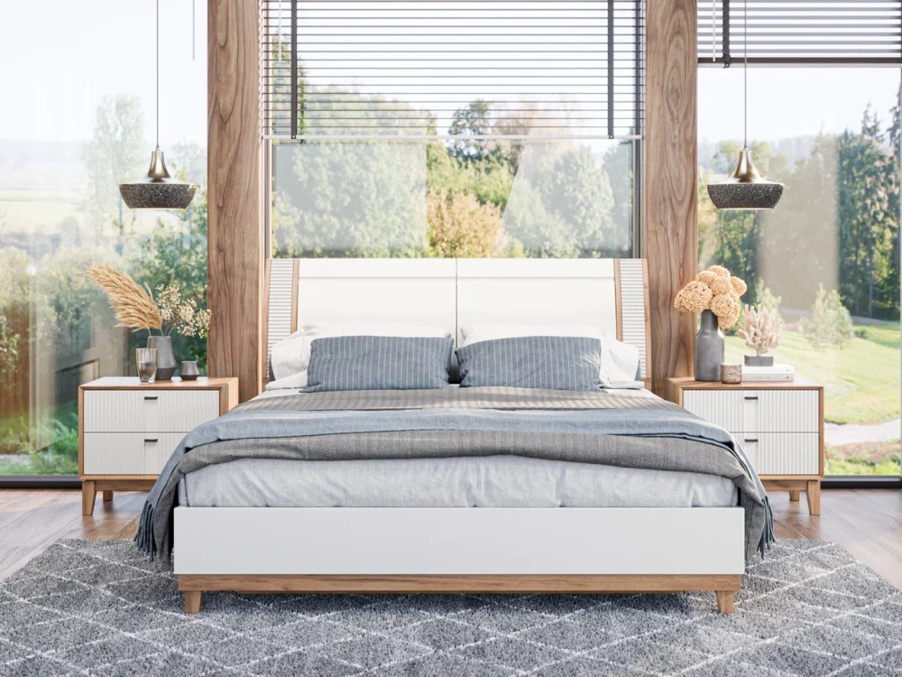 Кровать двуспальная Бари 160х200 с нишами в изголовье (Дуб Золотой/Белый) ЛД | Интернет магазин Масса Мебель