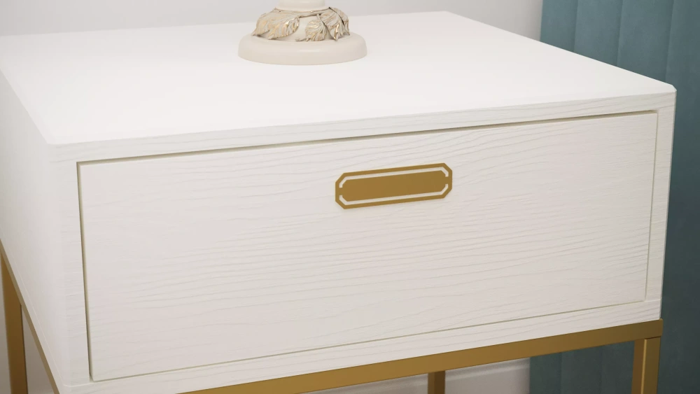 Прикроватная тумба "Дрим ТП02" ясень браш белый/золото (KL) | Интернет магазин Масса Мебель