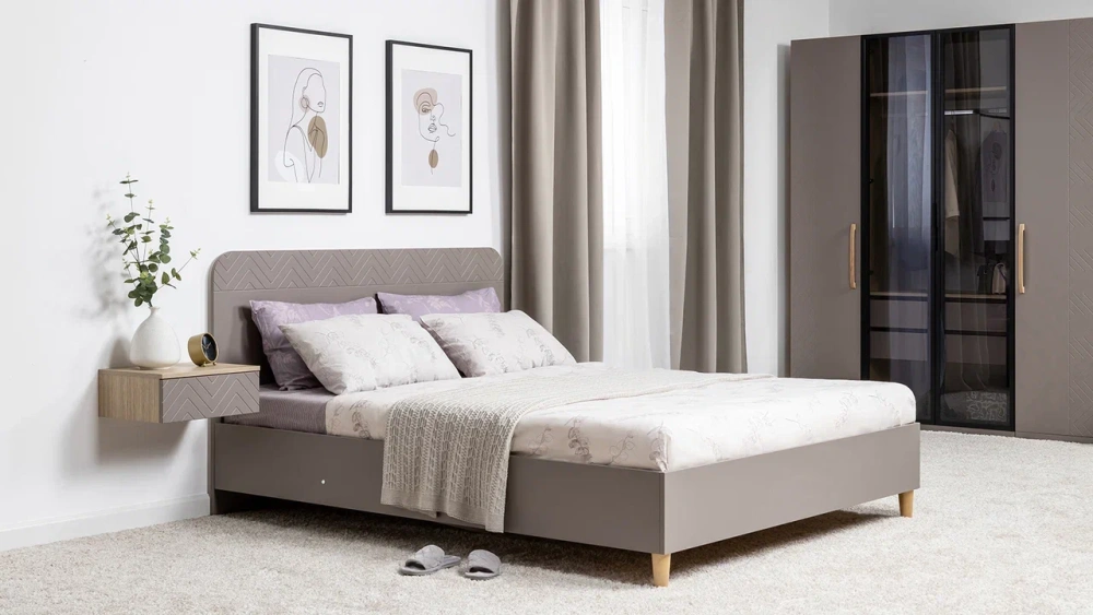 Кровать двуспальная 160х200 Амьен 11.44 с подъемным механизмом Плэйн/Веллюто Капучино (Mob) | Интернет магазин Масса Мебель