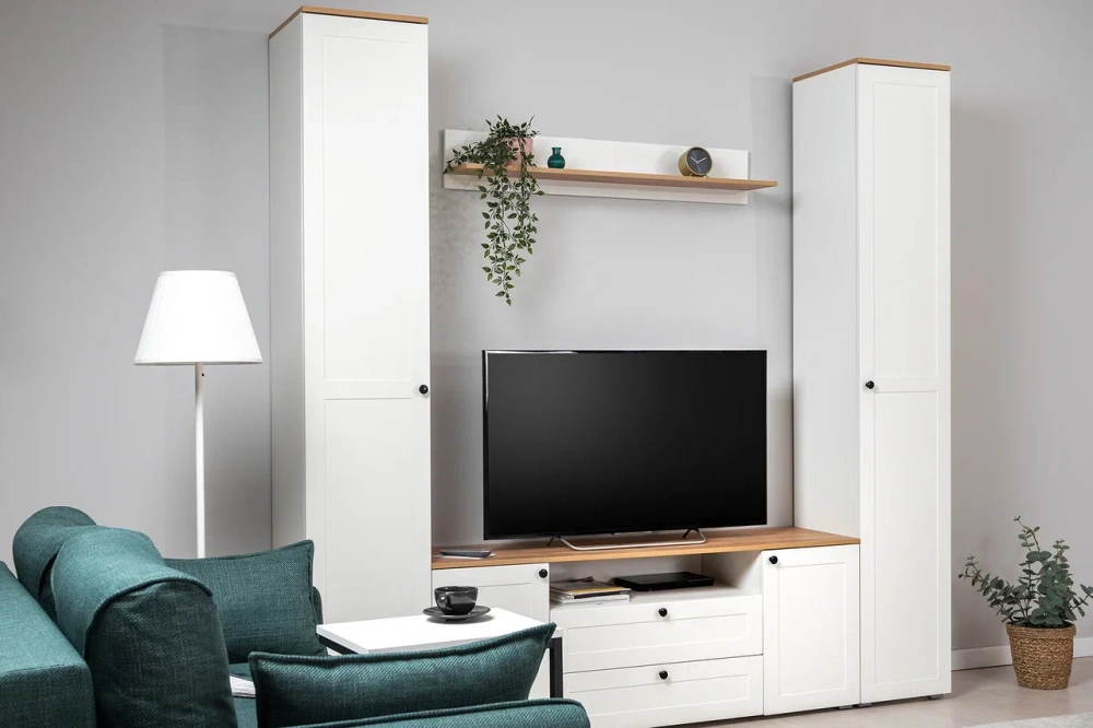 Шкаф-пенал узкий Остин 13.227 Белый шагрень/Дуб Золотой (Mob) | Интернет магазин Масса Мебель