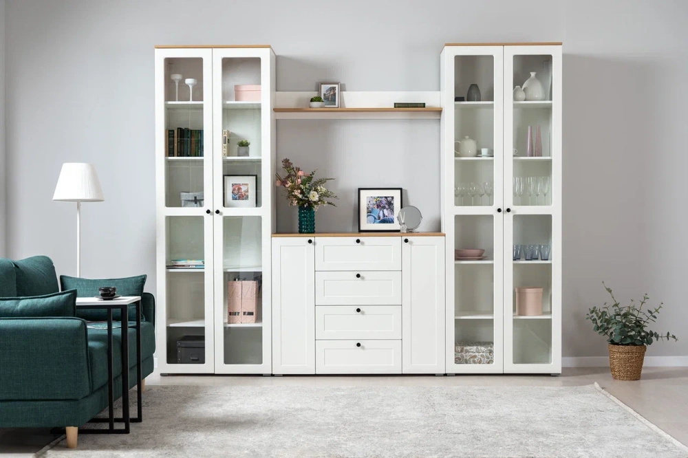 Шкаф-витрина Остин 16.394.02  Белый шагрень/Дуб Золотой (Mob) | Интернет магазин Масса Мебель