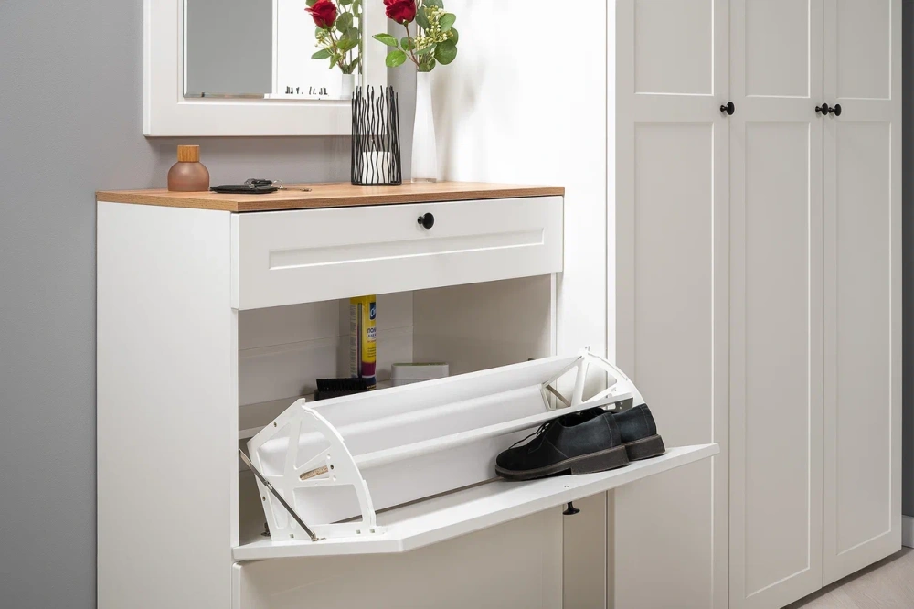 Тумба для обуви Остин 16.121 Белый шагрень/Дуб Золотой (Mob) | Интернет магазин Масса Мебель