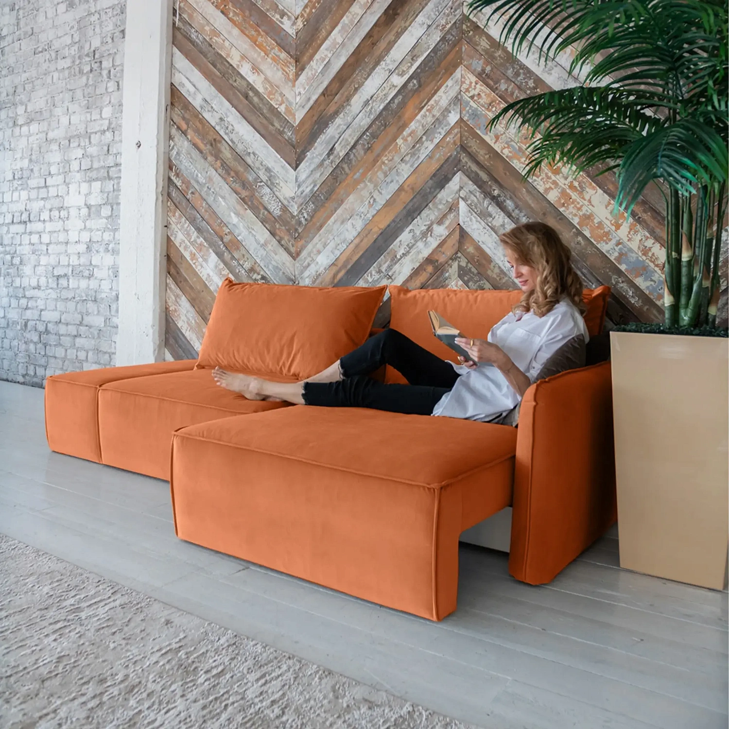 Диван  Портленд прямой с банкеткой терракотовый (DO)