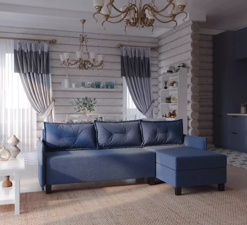 Диван кровать угловой Киркас синий рогожка (GL) | Интернет магазин Масса Мебель