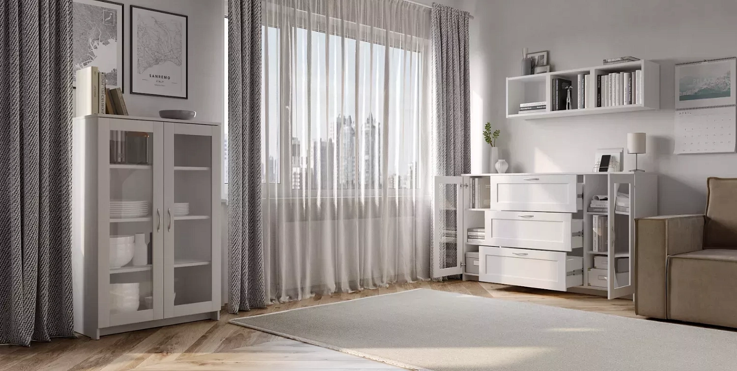 Тумба Сириус 2 двери со стеклом и 3 ящика 156х95 белый (GL)