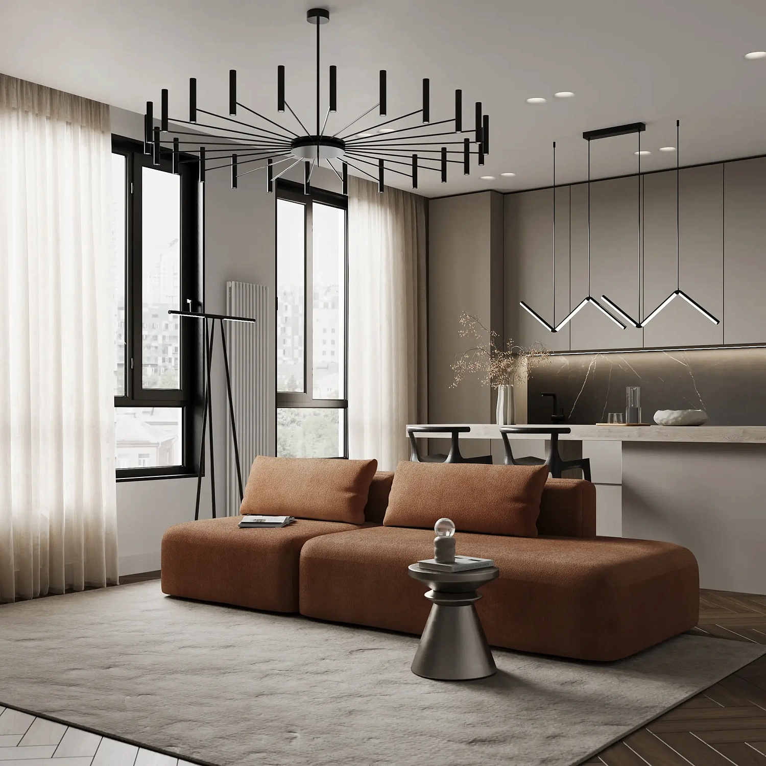 Диван прямой Новые Эмоции терракотовый, банкетка справа (DO)